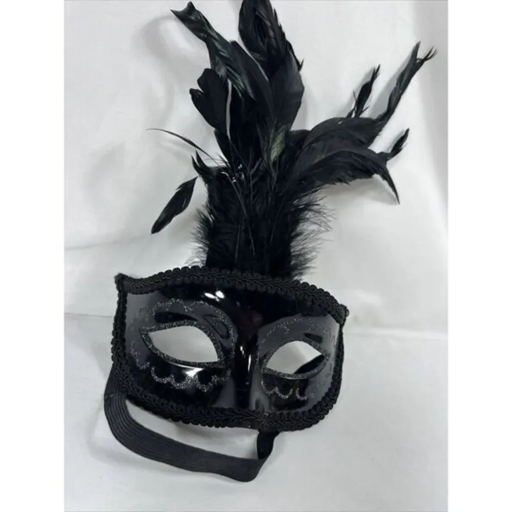 Black And Silver Mardi Gras Feather Mask Masquerade Sequins‎ Sparkle